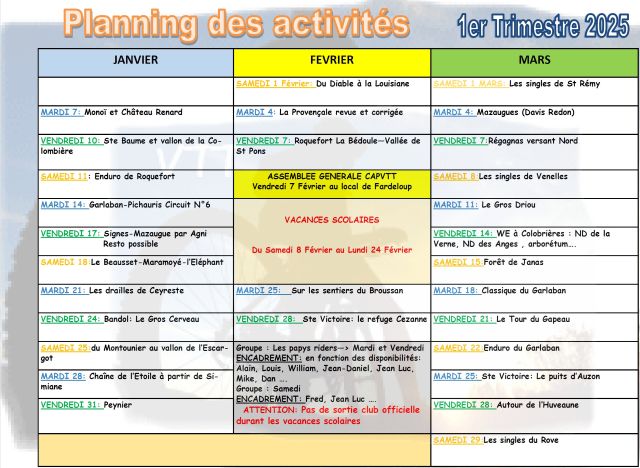 Calendrier Sorties VTT T1 2025